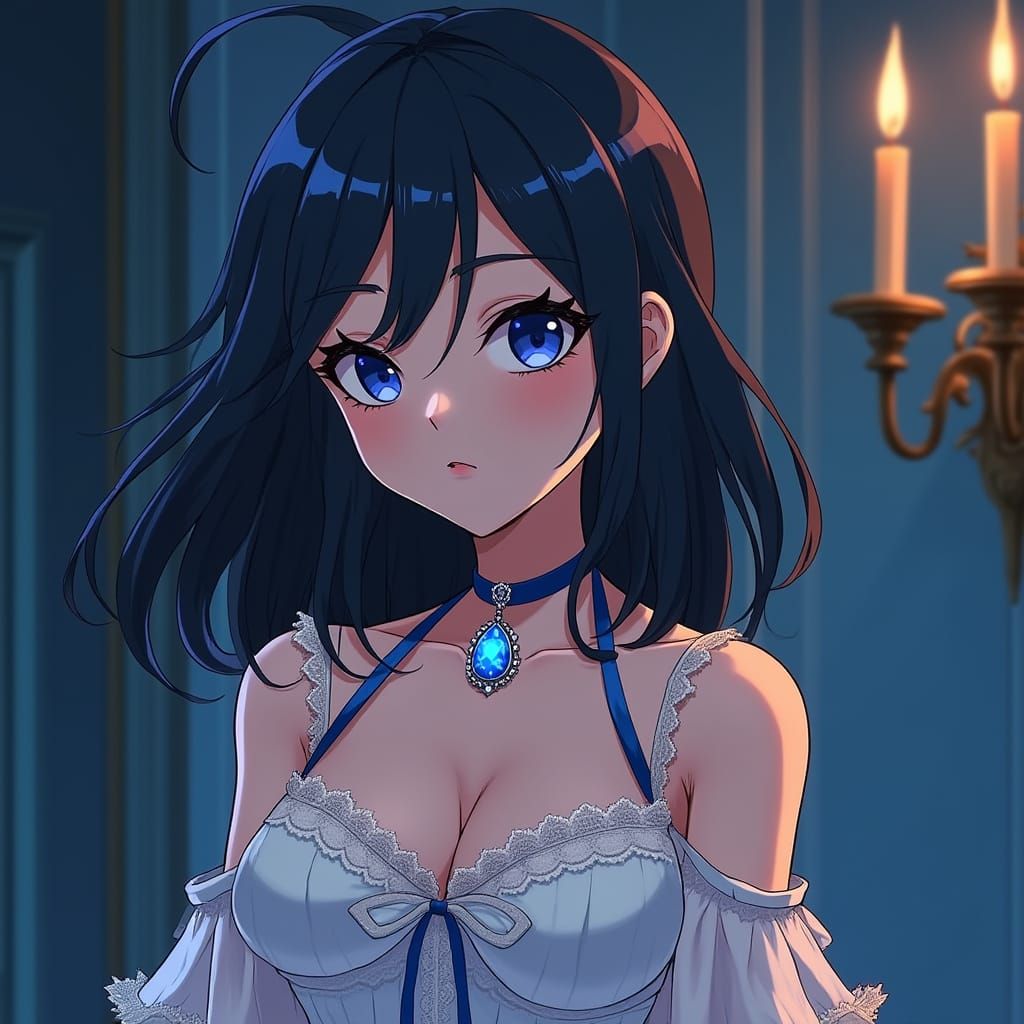 Petite Anime Girl with Raven Hair and Sapphire Eyes