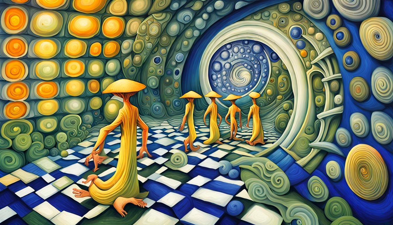 Two yellow elves with lapiz lazuli psilocybe clock heads, Me...