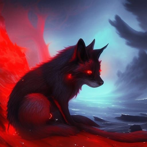 Mystical Black Kitsune with Blue Swirls