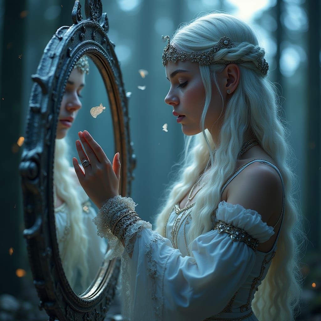 Freyja Gazing into Moonlit Mirror in Magical Realism