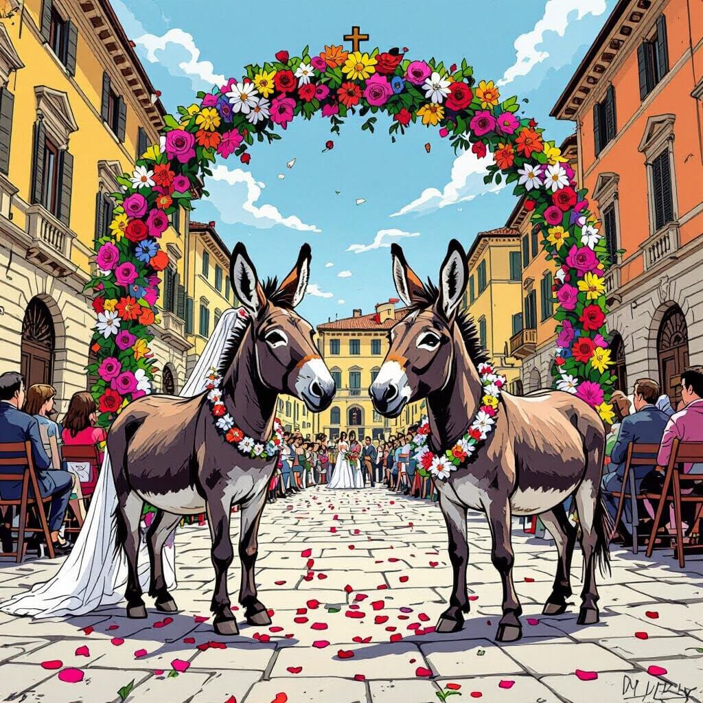 Donkey Wedding at Trieste's Piazza Unità in Comic Style
