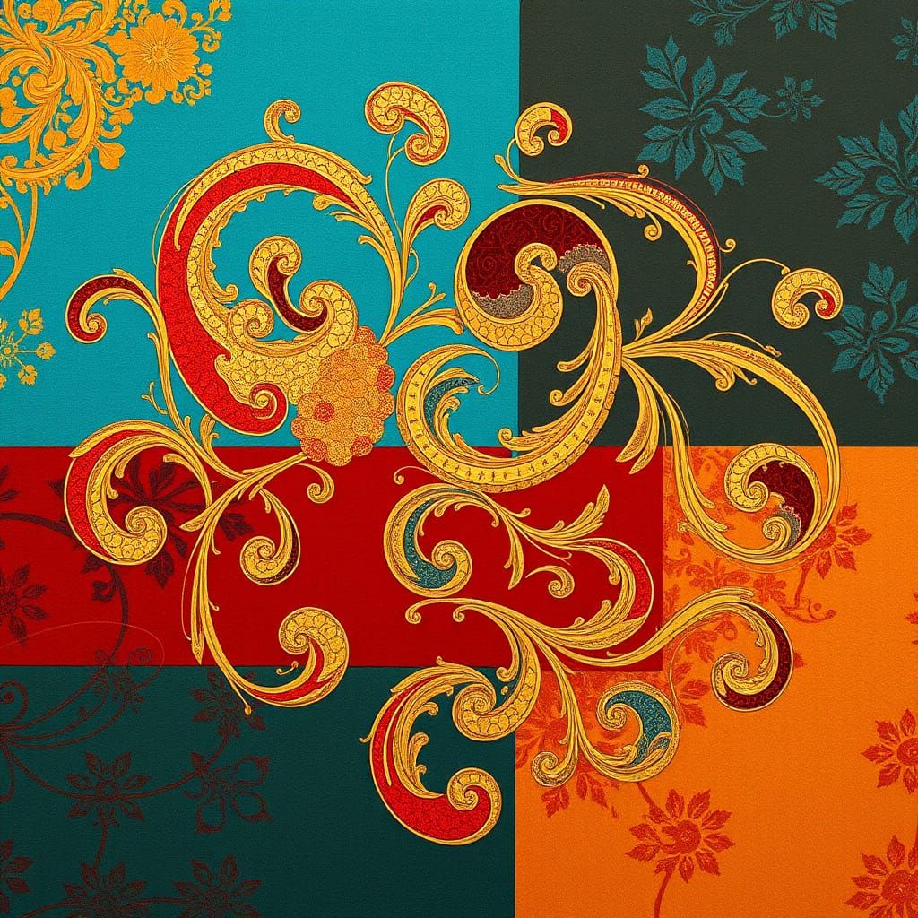 Vibrant Eastern-Inspired Art Piece with Intricate Patterns