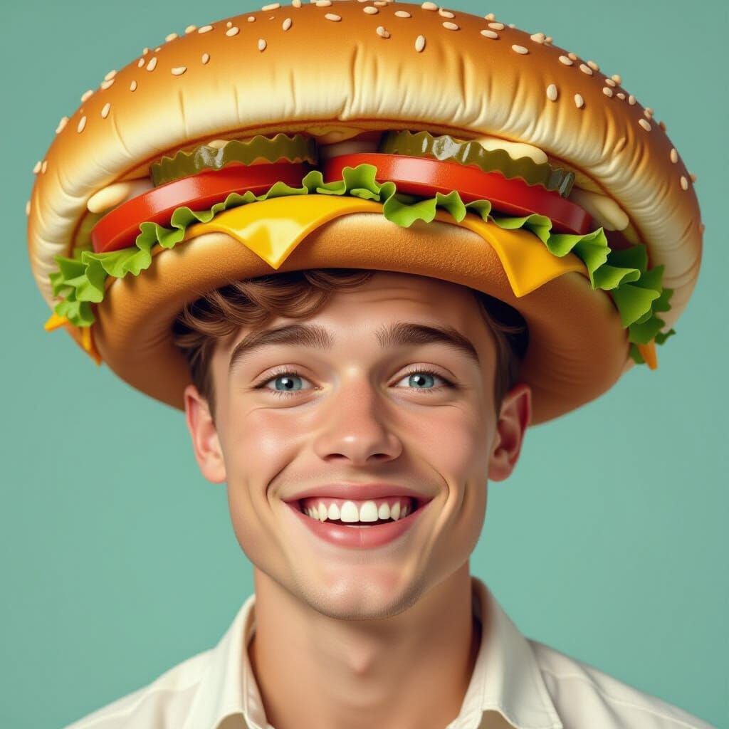 Whimsical Cheeseburger Hat Portrait of Young Man