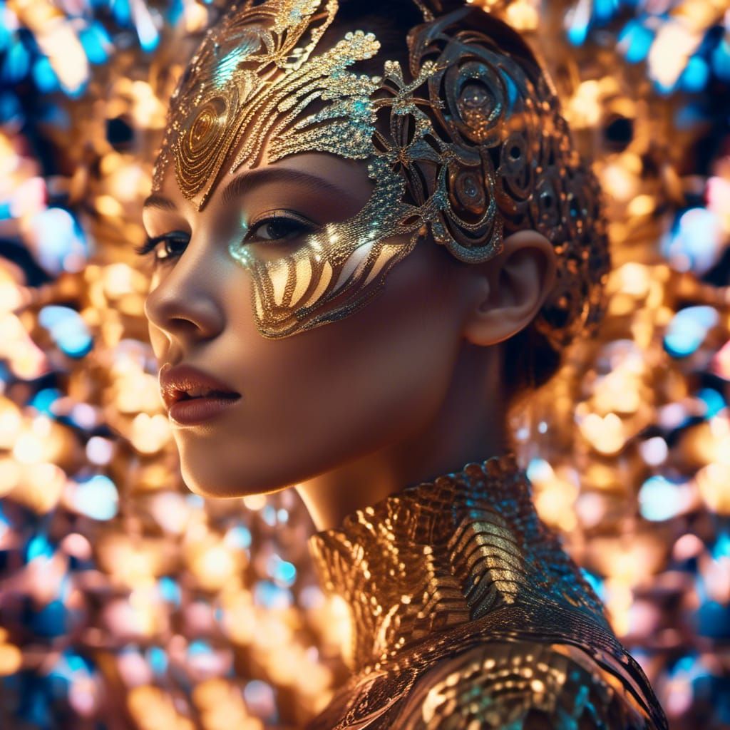 Holographic Woman in Dreamy Landscape, Klimt-like