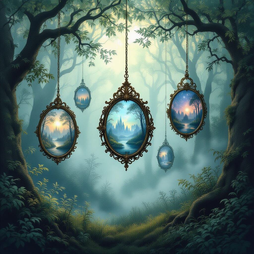 Ornate Mirrors in Misty Enchanted Forest