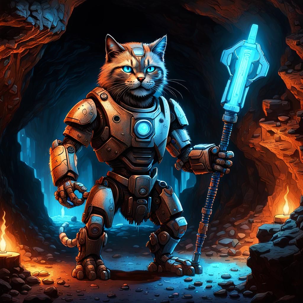 Futuristic Caveman Robot Cat Unveiled in Glowing Cave
