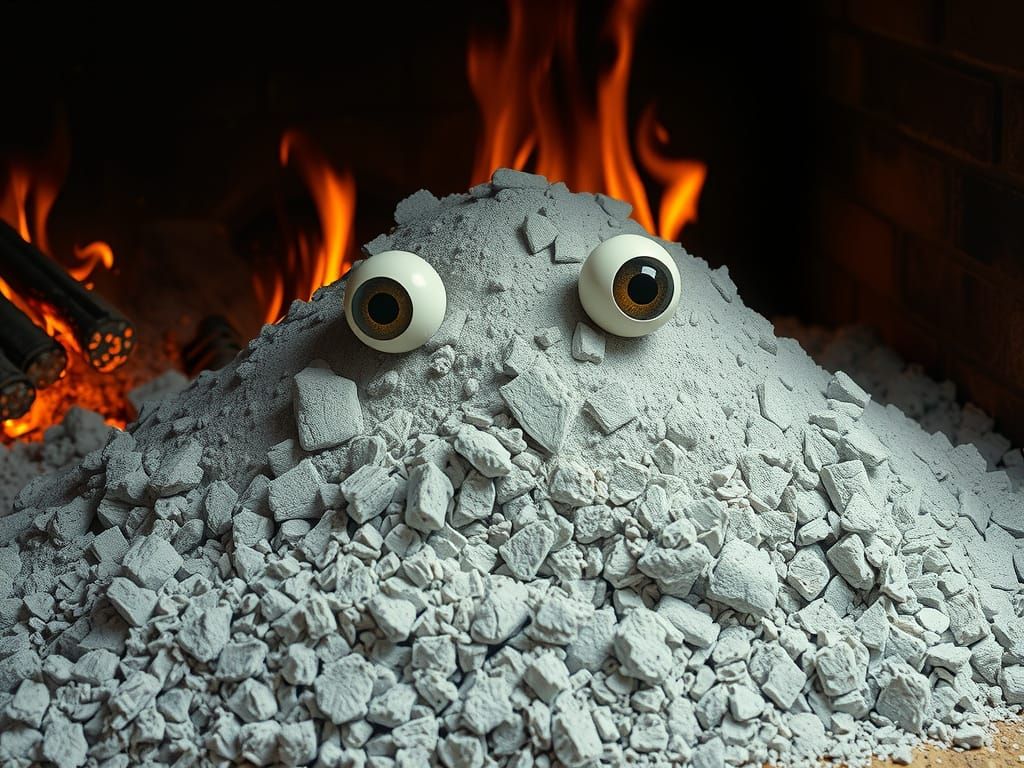 Ash Pile with Google Eyes in Fireplace