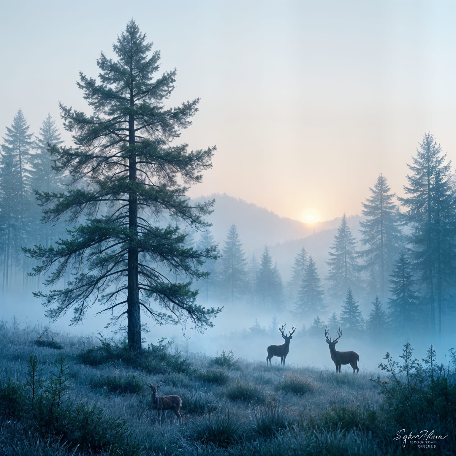 Misty Dawn Forest Glade with Deer