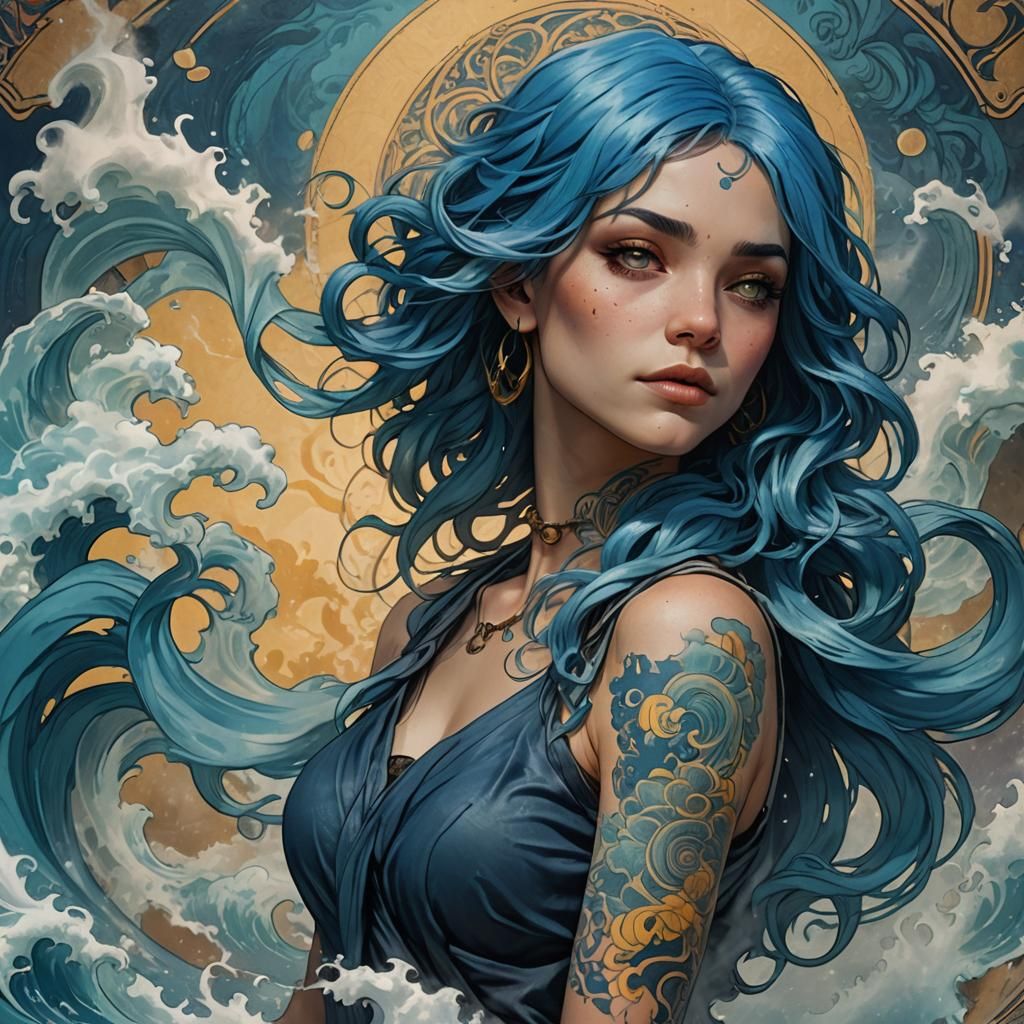 Blue-Haired Woman with Ocean Tattoo, Dynamic Lighting