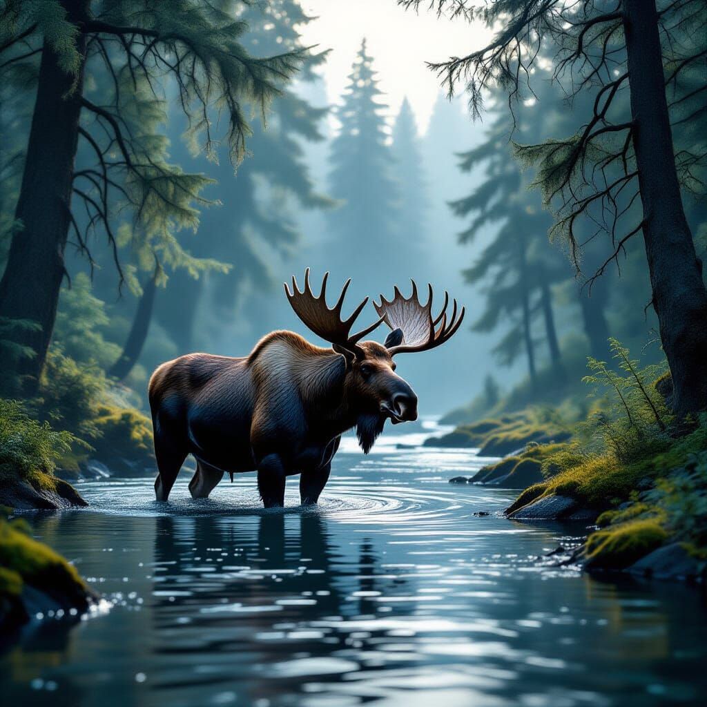 Majestic Moose in Misty Forest River at Dawn