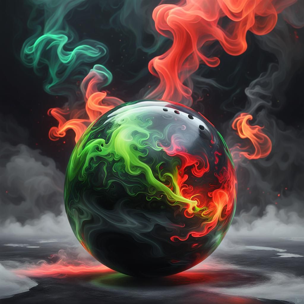 Obsidian Bowling Ball Radiating Neon Smoke, Digital Art