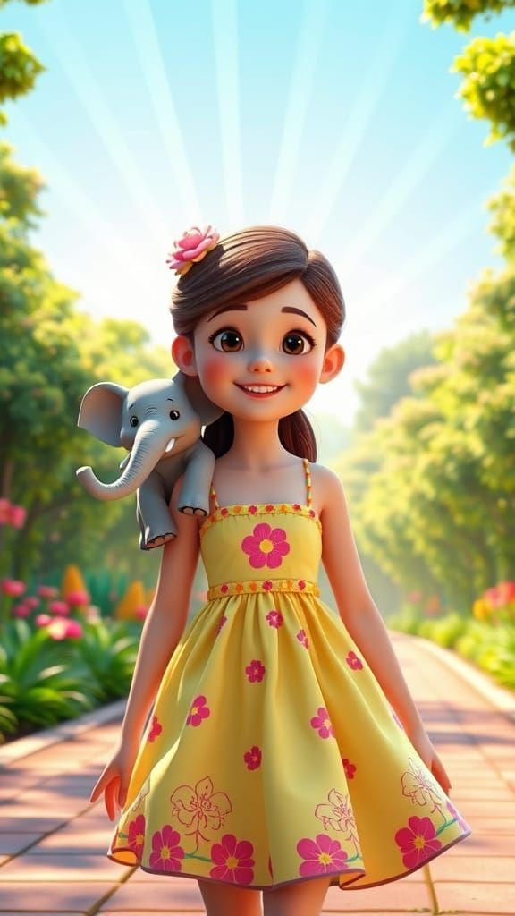 Girl with Elephant in Sunny Park, Pixar Style