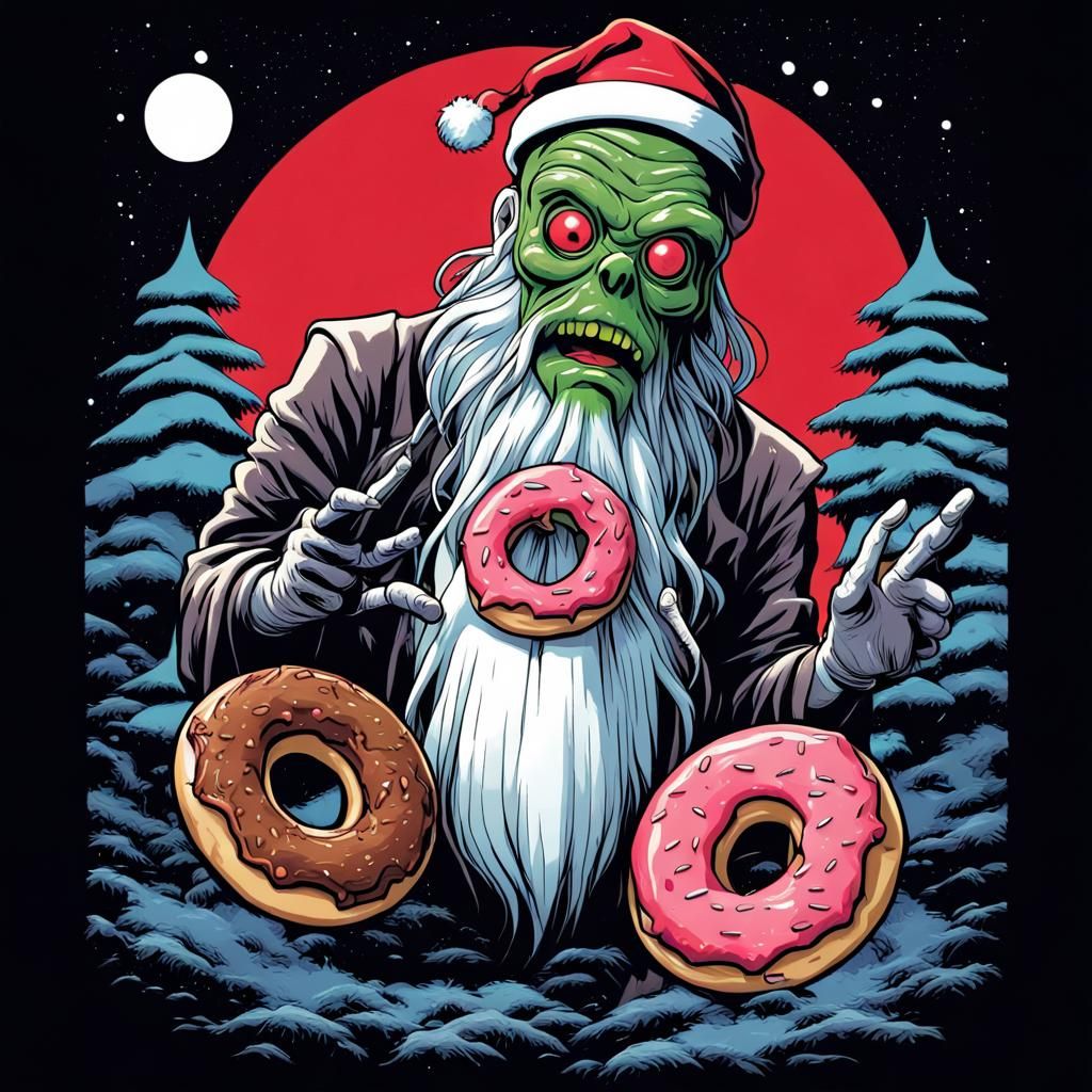 Alien Donut Santa T-Shirt Design in Comic Book Art