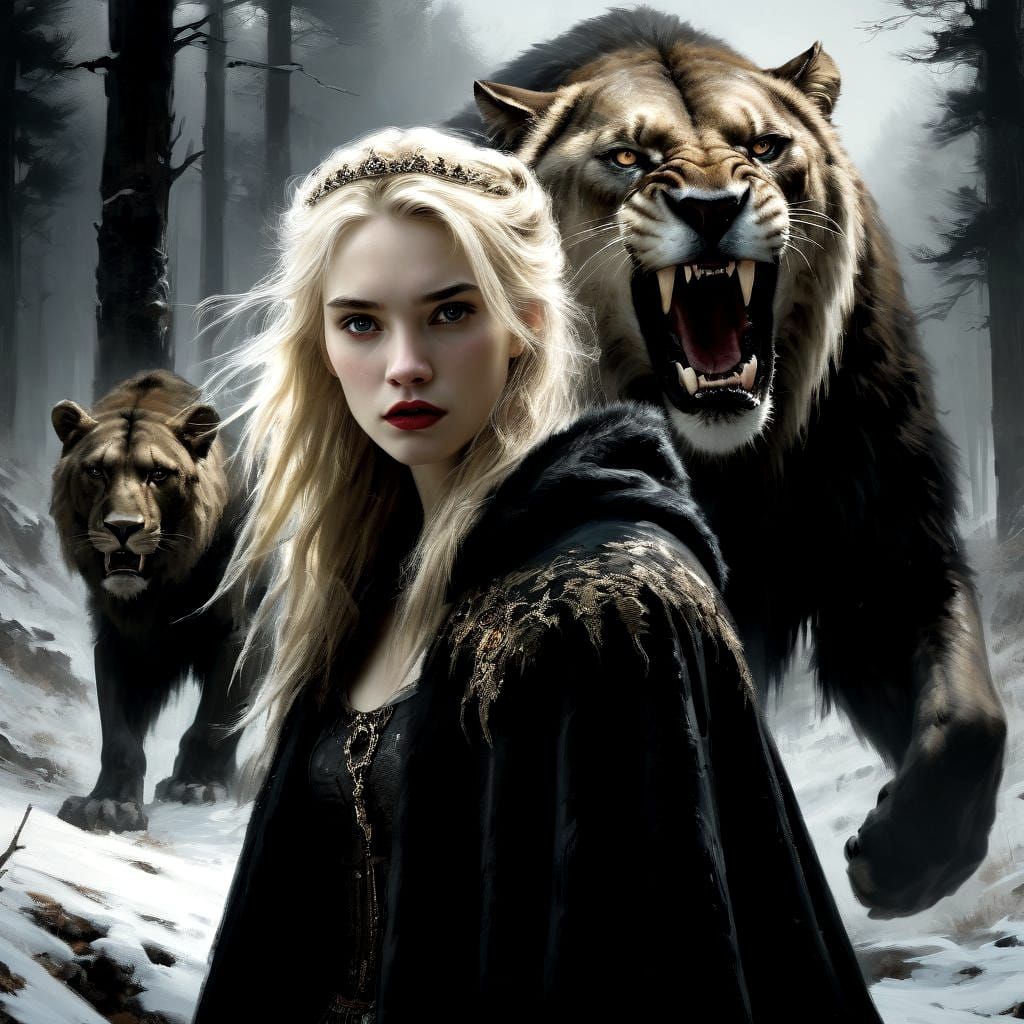 Vampire Princess with Smilodon in Snowy Forest