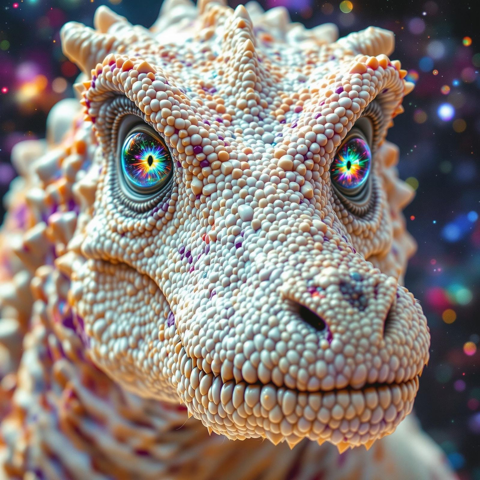 Psychedelic Albino Dinosaur with Colorful Eyes