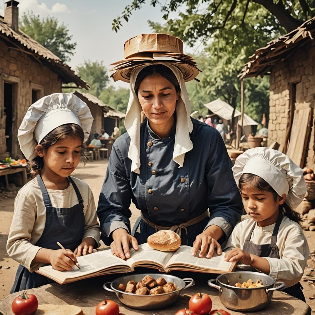 Woman Balancing Book While Cooking with Children