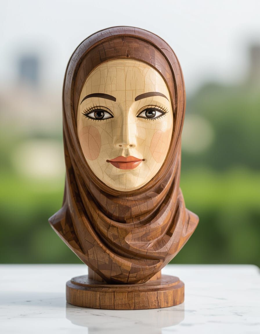 Detailed Wooden Bust of Woman in Hijab