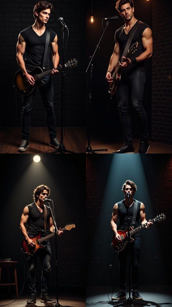 Muscular Musician Plays Guitar On Stage in Spotlight