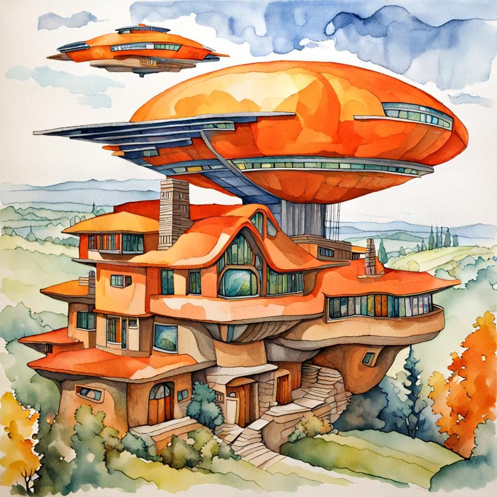 Futuristic Flying Car Over Organic Architecture