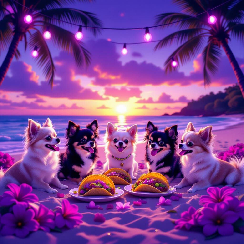 Cute Chihuahuas Party on Hawaiian Beach at Purple Sunset