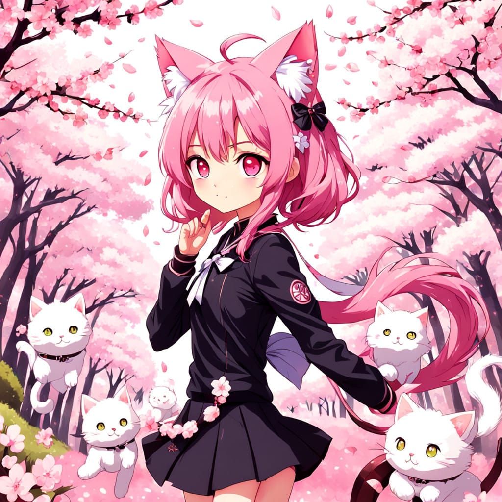 Girl with Whimsical Pink Hair and Cat Ears in Cherry Blossom...