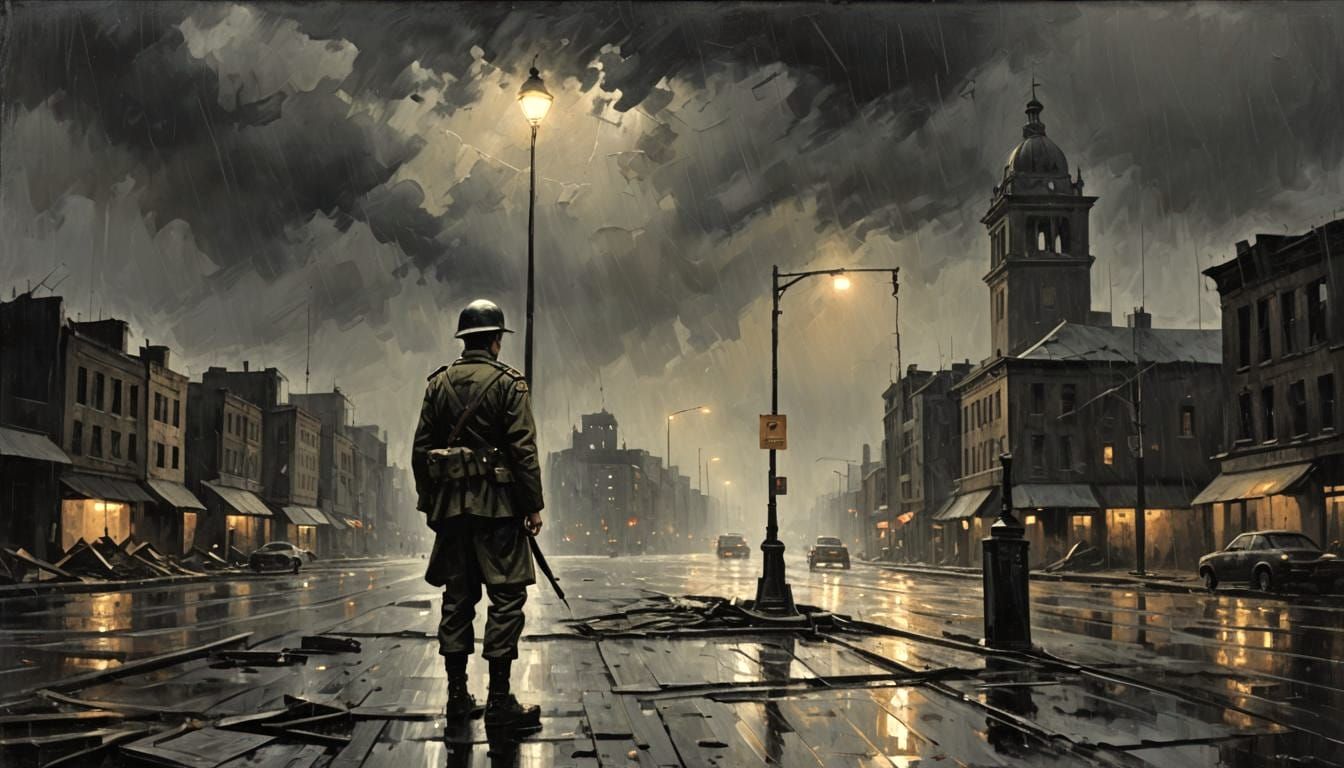 Wartorn Soldier in Expressionist Landscape