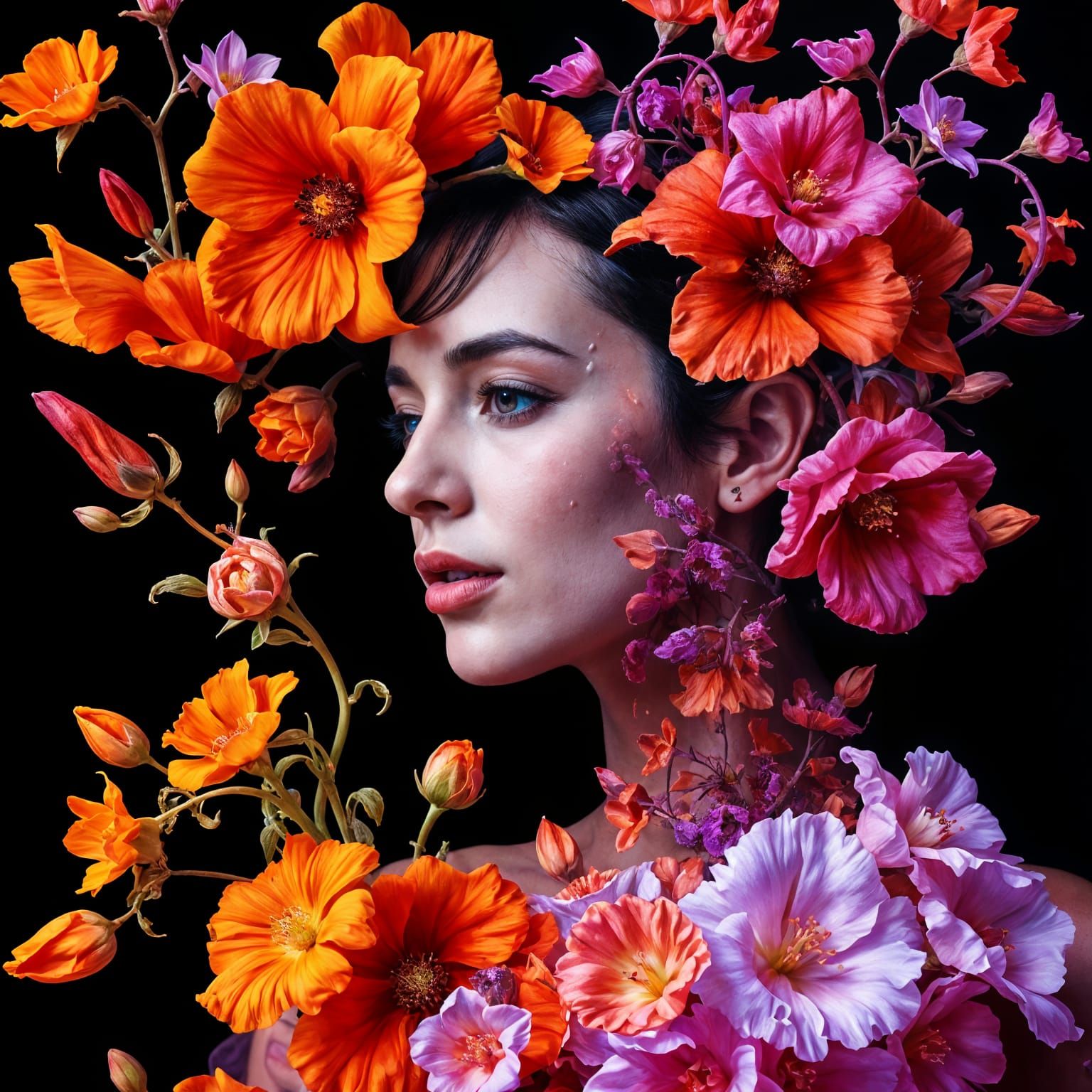 Vibrant Floral Goddess in Double Exposure Art
