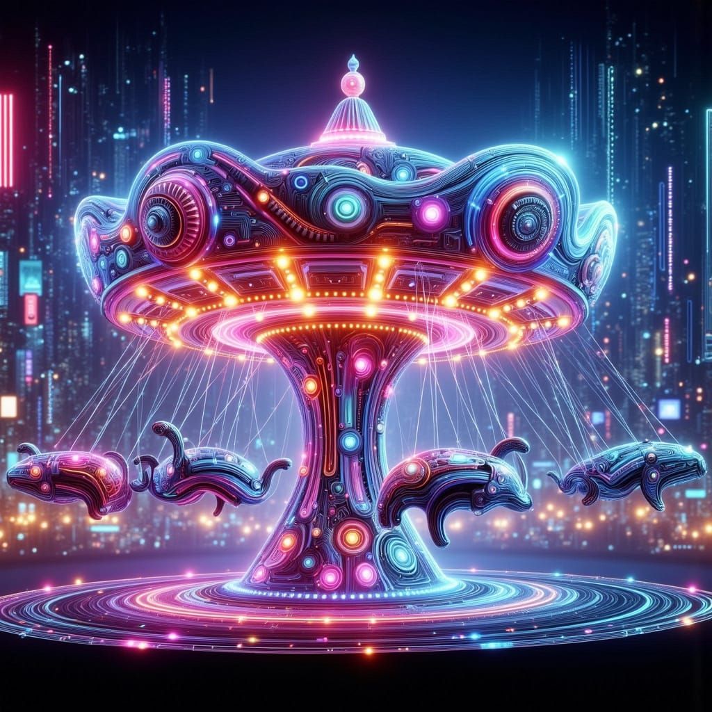 Futuristic Neon Carousel in Cyberpunk Cityscape