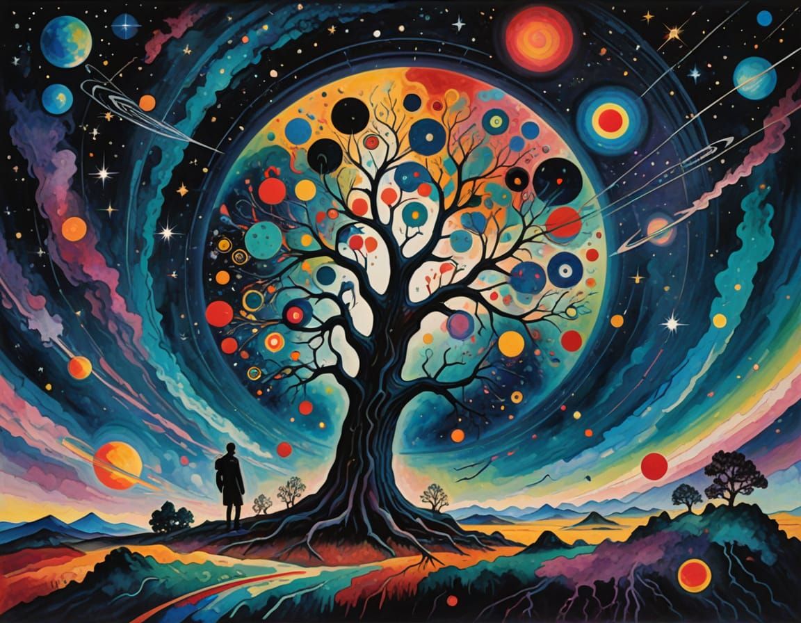 Cosmic Tree in Abstract Expressionist Nebula