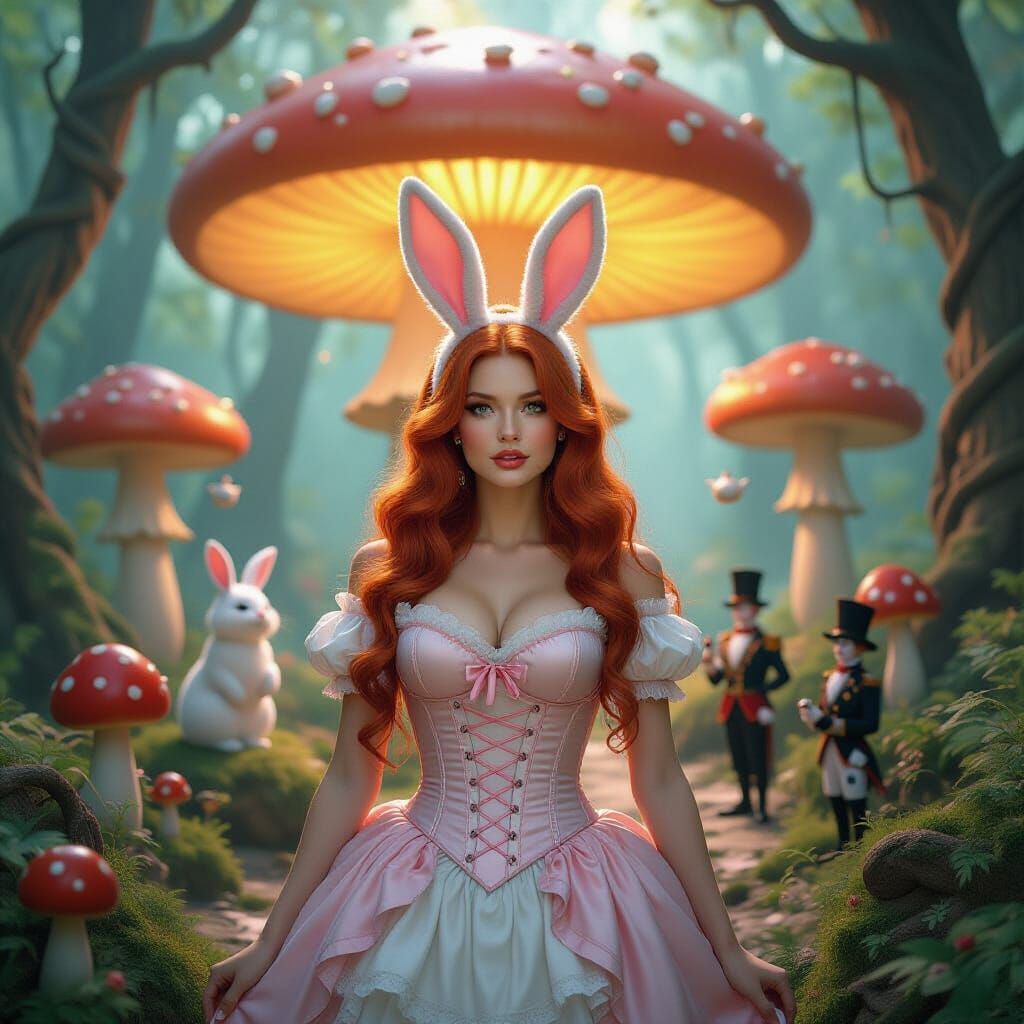 Wonderland Woman with Bunny Ears in Enchanted Forest