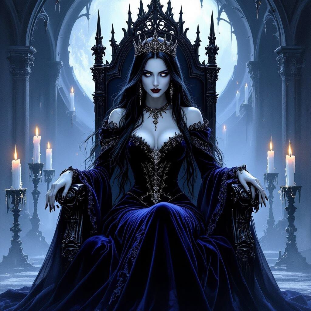 Gothic Vampire Queen on Obsidian Throne in Dark Fantasy Styl...
