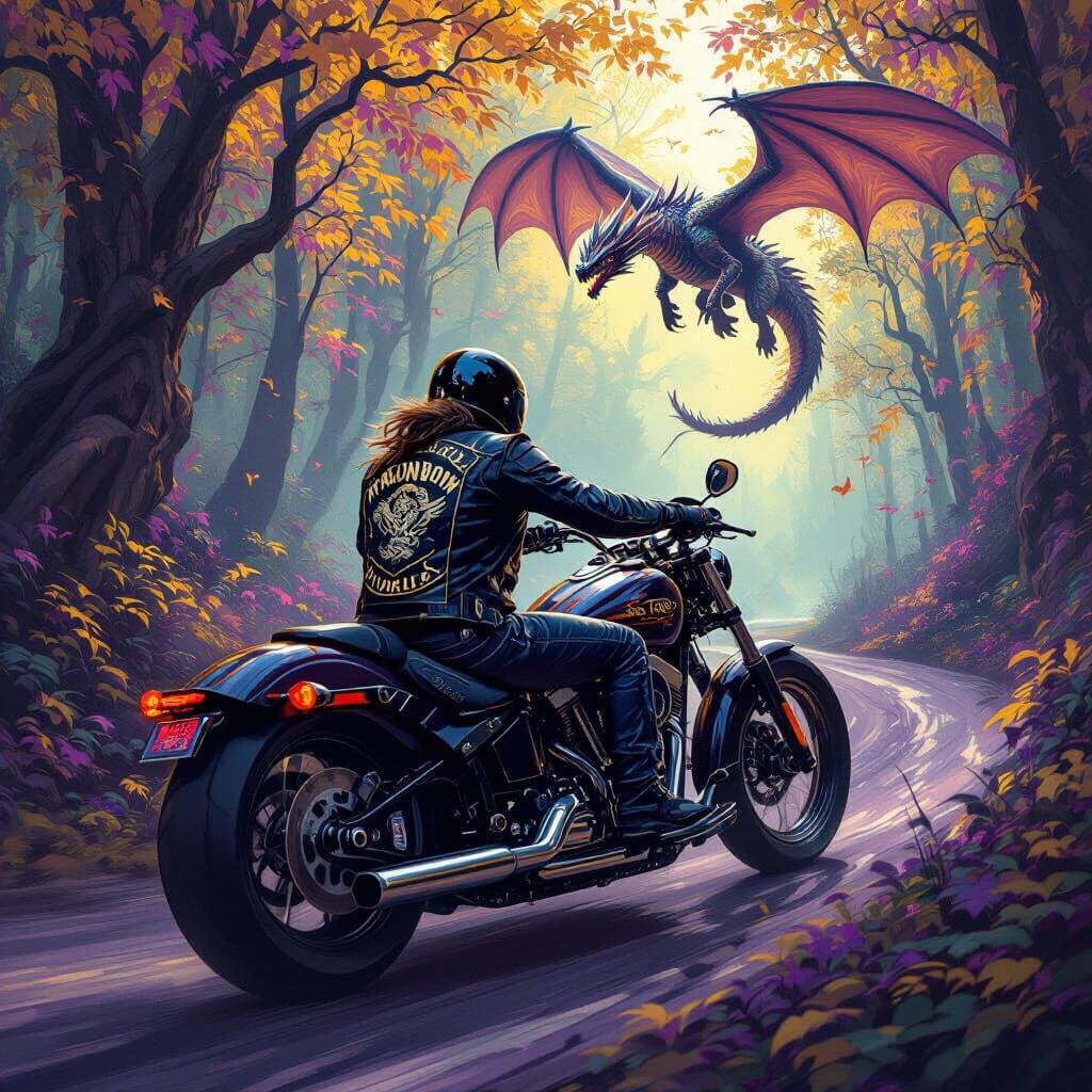 Motorcyclist & Dragon in Mystical Forest Dark Fantasy Scene