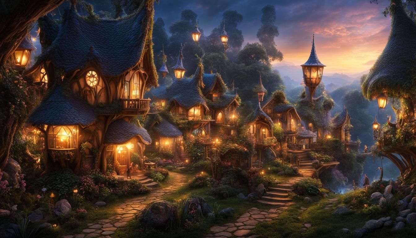 Magical Fairy Village at Dusk: Hyperdetailed Architecture