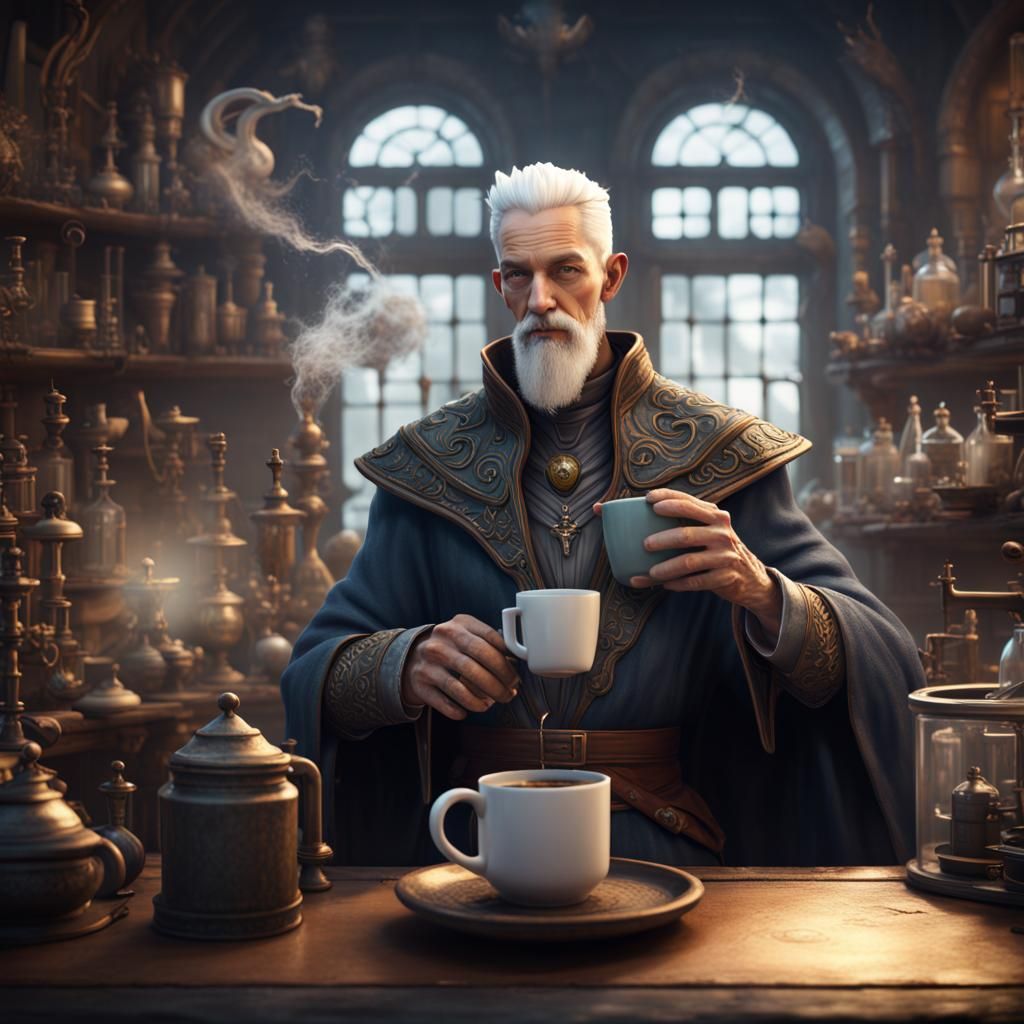 Wizard Drinks Coffee in Laboratory: Fantasy Concept Art