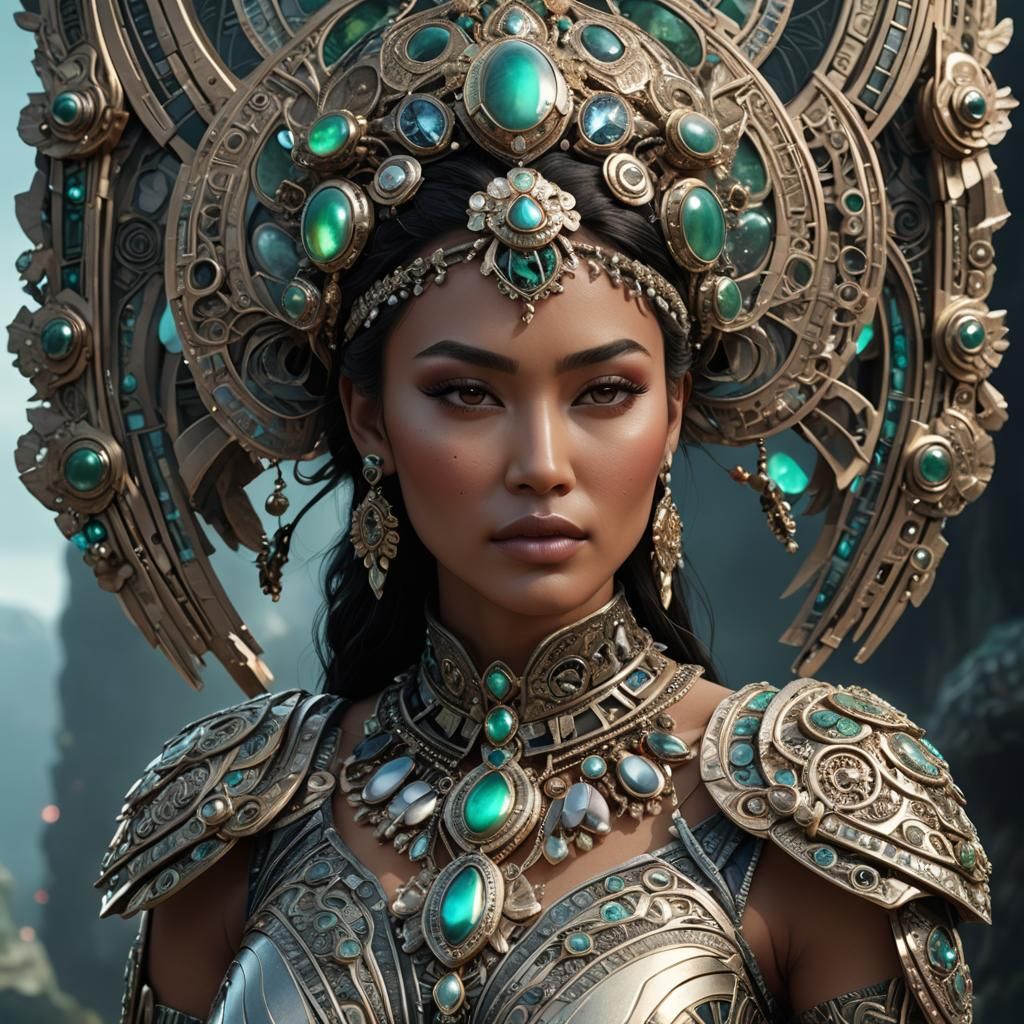 Māori Woman Portrait with Jade and Futuristic Elements