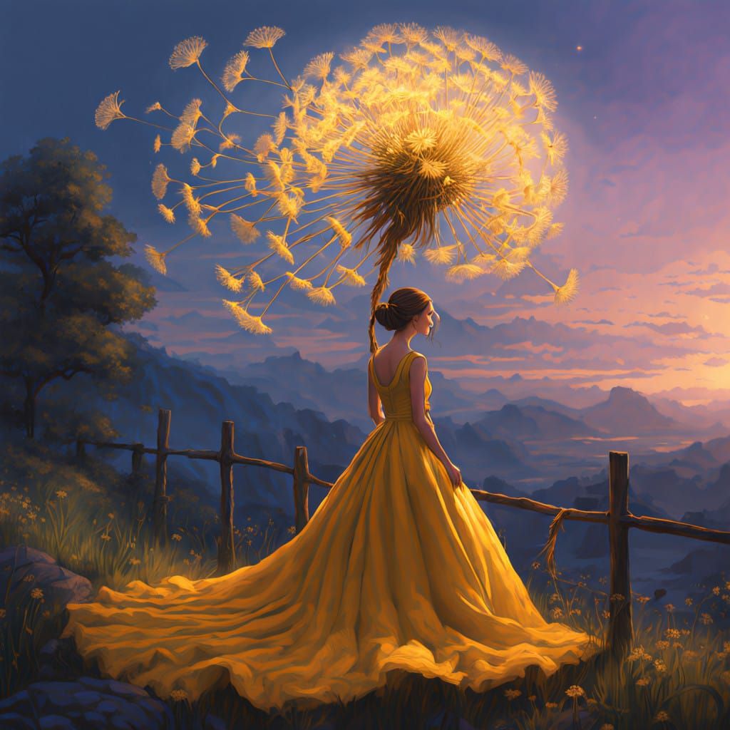 Golden Dandelion Goddess in Whimsical Fantasy Attire