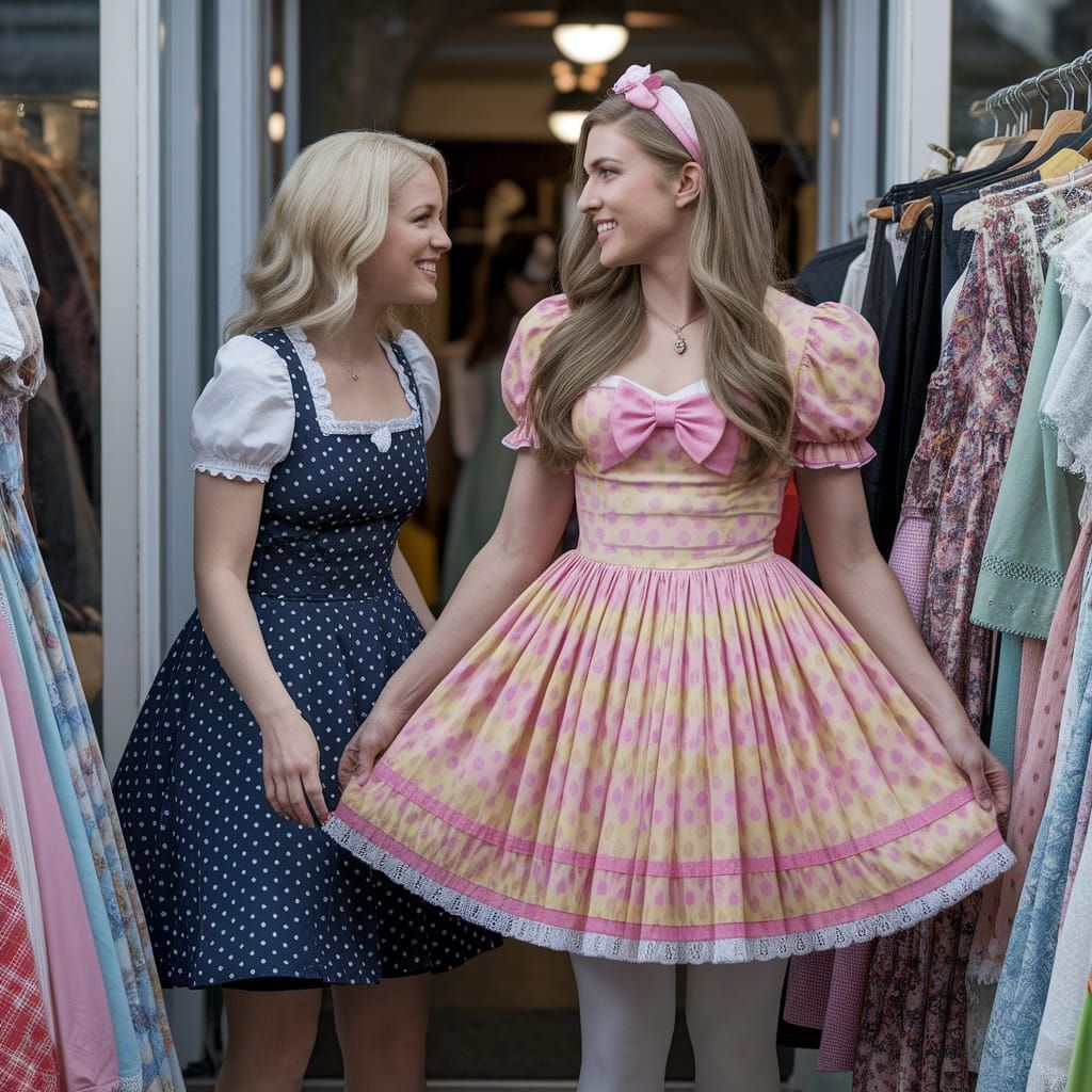 Playful Glance in a Dress Shop: Cinematic Still