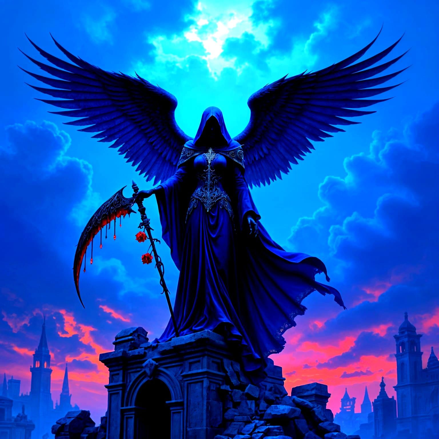Angel of Death with Rose Over Ancient Ruins