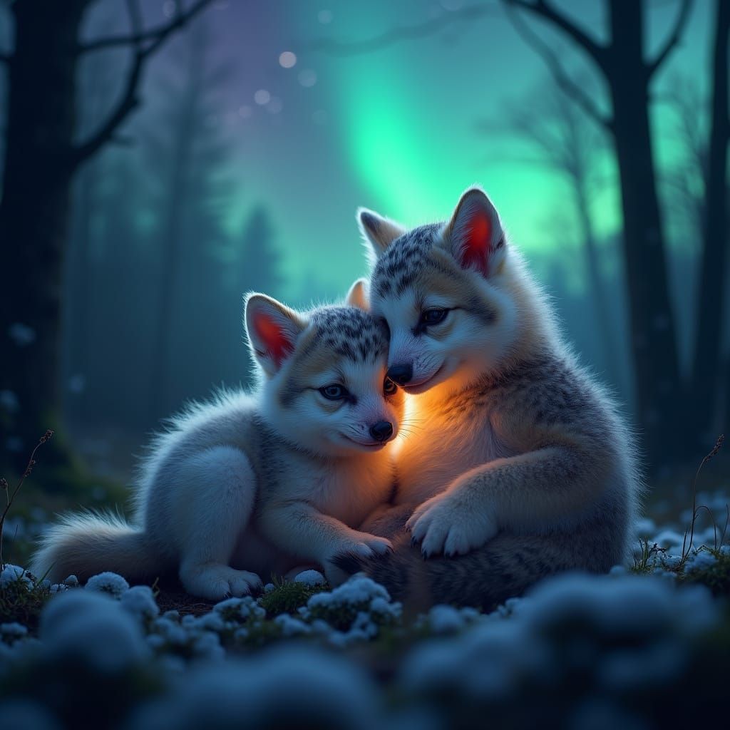 Northern Lights Whisper Forest Scene with Owl and Wolf Pup