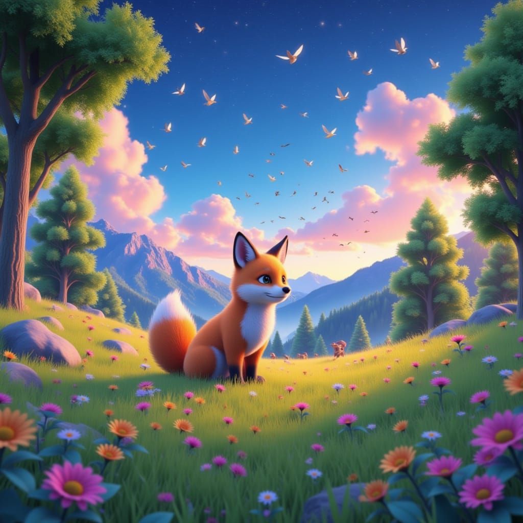Anime Fox in Whimsical Meadow: 8-Bit Pixel Art