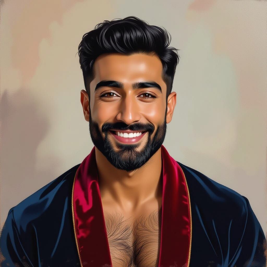 Joyful Pakistani Man in Velvet Robe - Impressionist Portrait