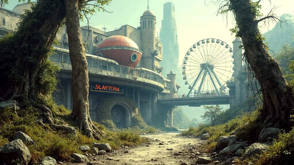 from the open prompt gang: A surreal, dystopian amusement pa...