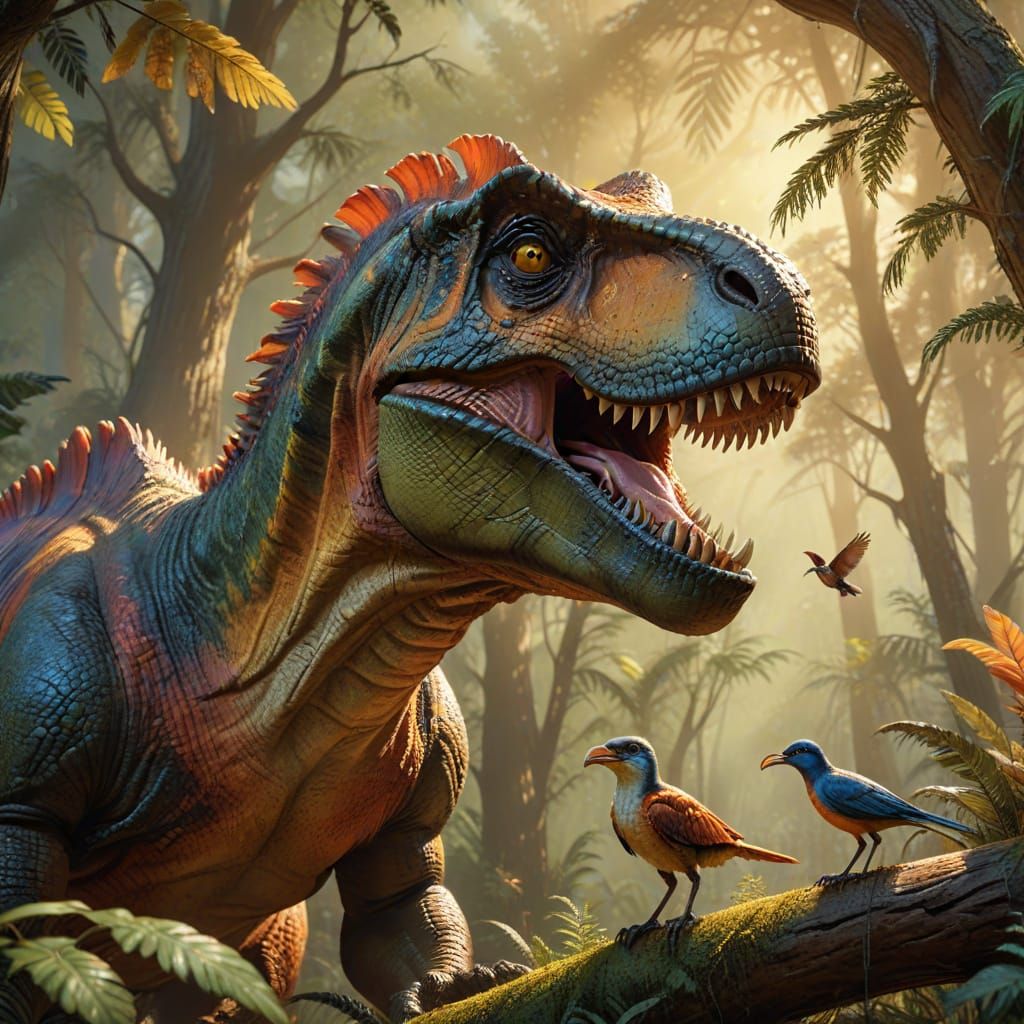 T-Rex and Tiny Bird Friendship in Vibrant Oil Painting Style