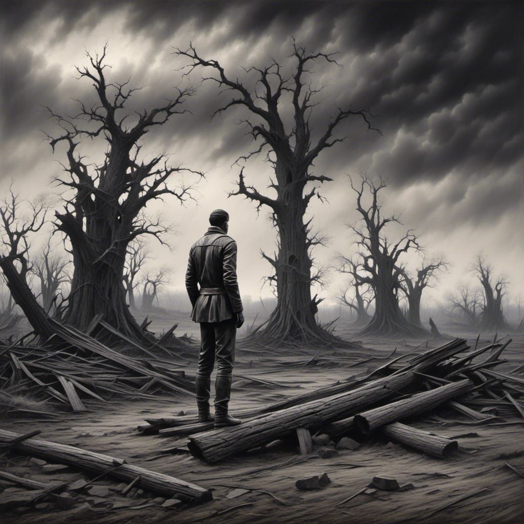 Sorrowful Figure in Desolate Landscape: Pencil and Charcoal ...
