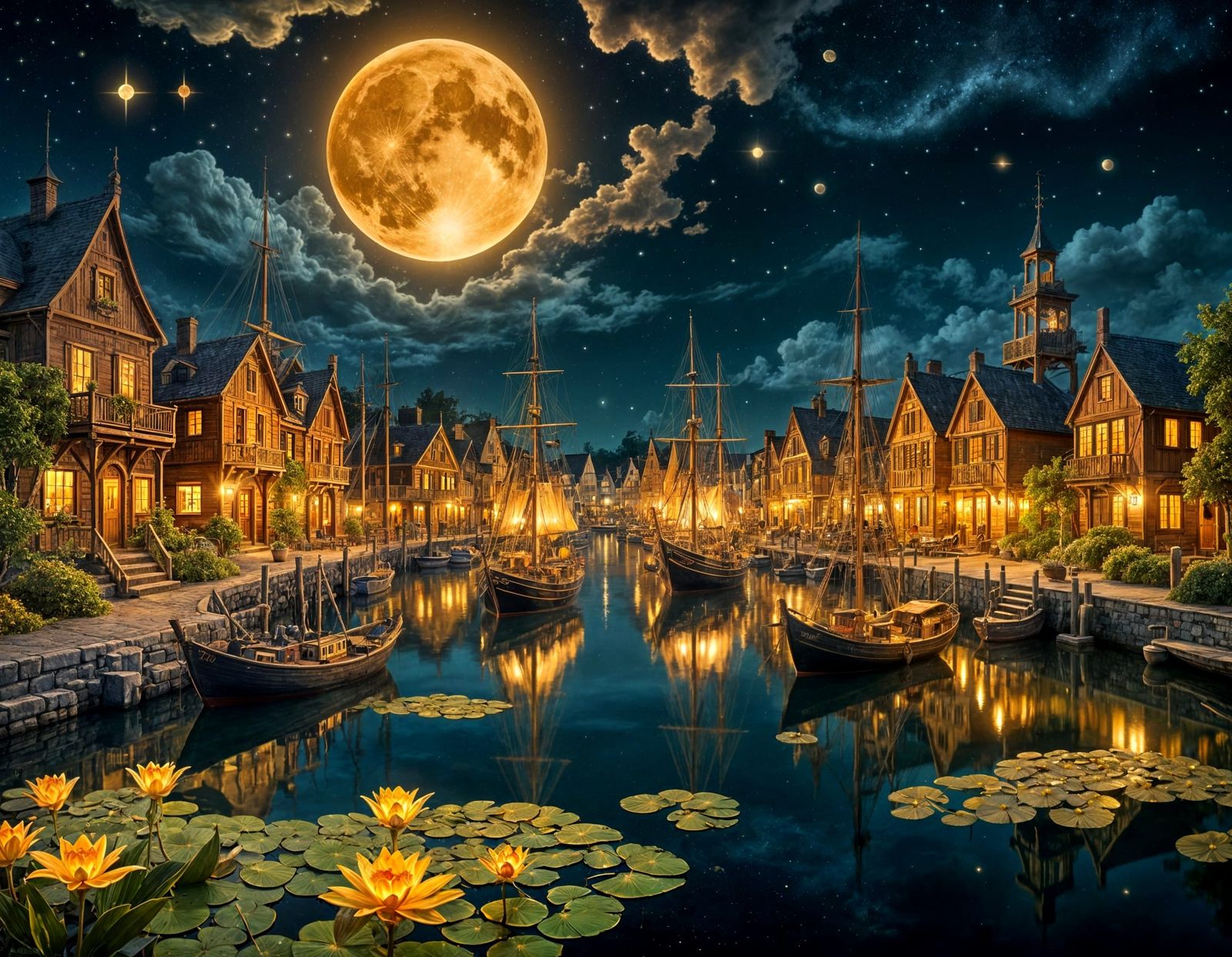 Fantasy Harbor Town Under Golden Moonlight