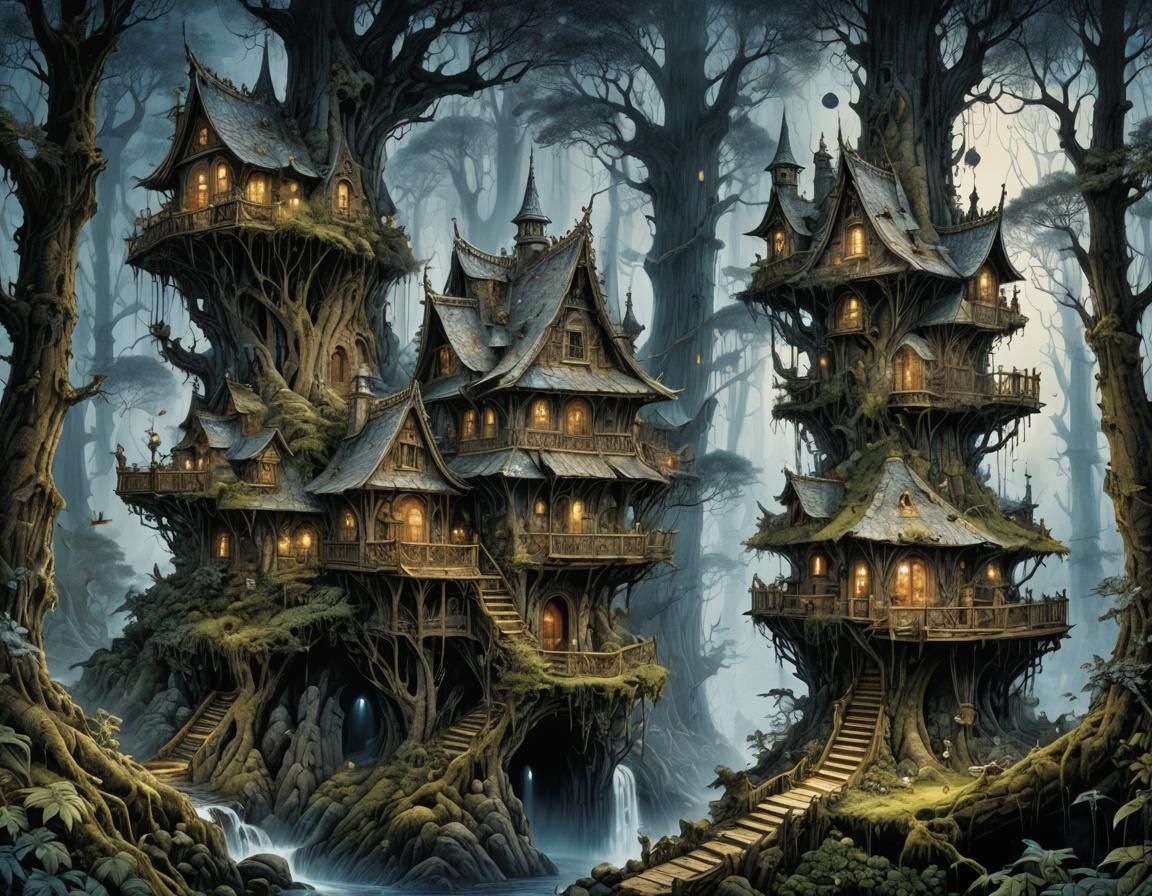 Eerie Fairy Houses in Cosmic Woods