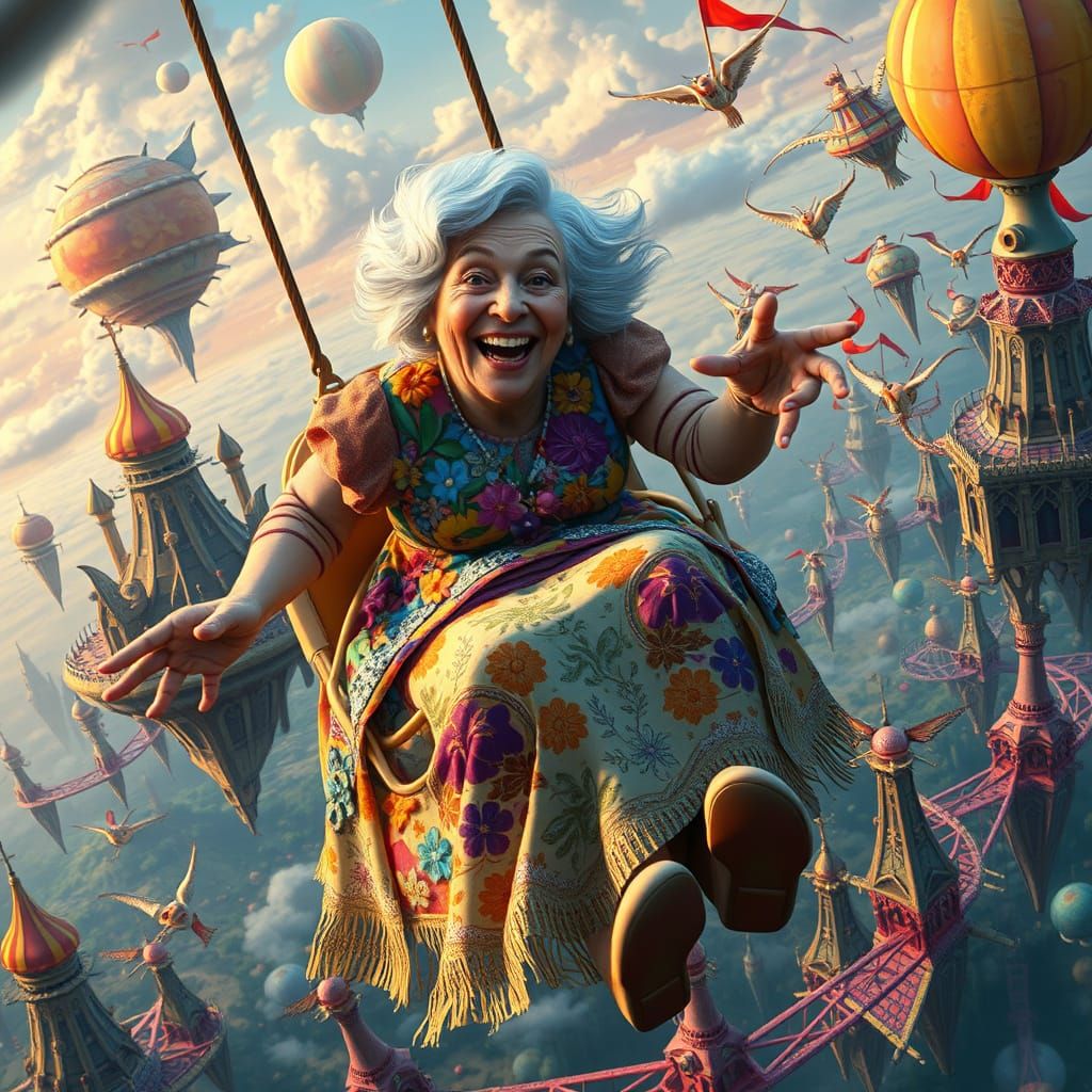 Woman Rides Whimsical Carnival Ride in Surreal Landscape