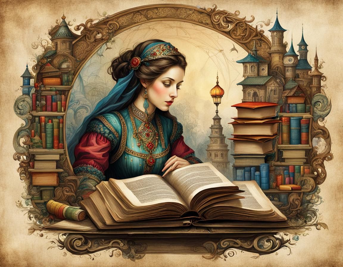 Fairytale Woman Reading, Storybook Illustration