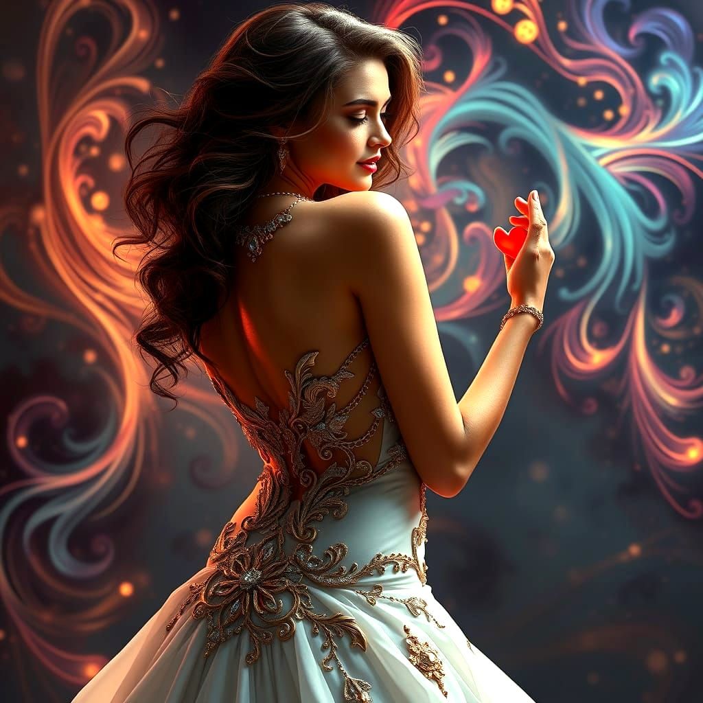 Stunning Woman in Elegant Gown with Golden Accents