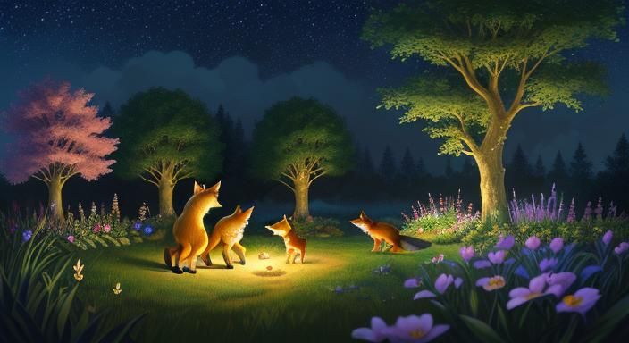 Mystical Fox Family Garden Scene at Night